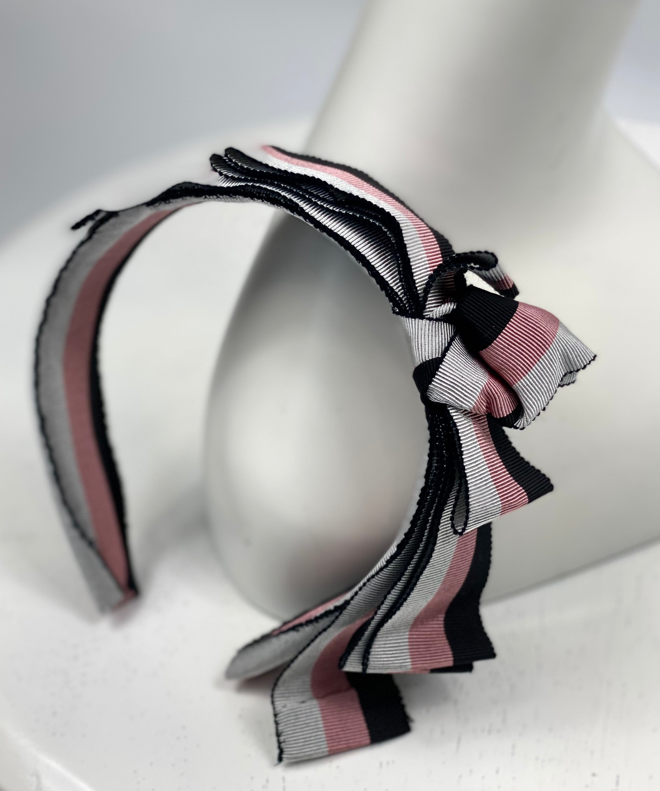 HATTIE  Pink Grey and Black Headband Grosgrain Ribbon Bows