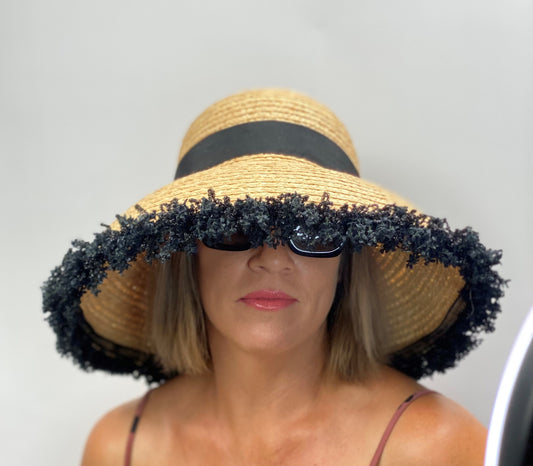 BECKY Natural Straw Sun Hat Large Dior Brim Black Trim