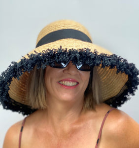 BECKY Natural Straw Sun Hat Large Dior Brim Black Trim