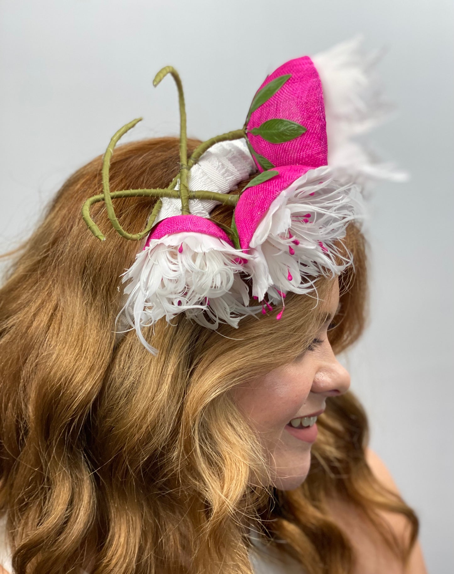 IRMA White Headband Hot Pink Fascinator Feather Flowers Hat