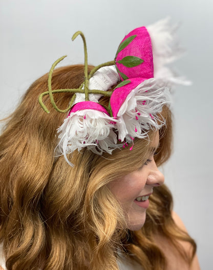 IRMA White Headband Hot Pink Fascinator Feather Flowers Hat