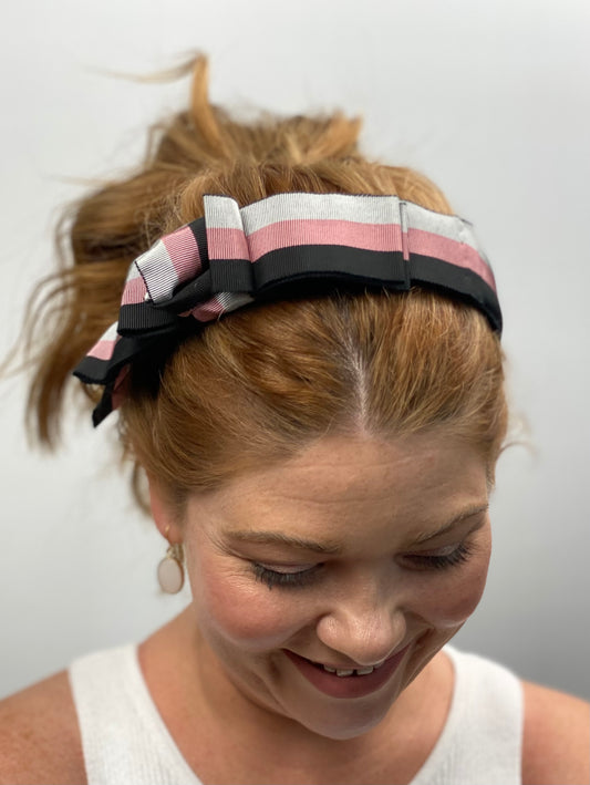HATTIE  Pink Grey and Black Headband Grosgrain Ribbon Bows