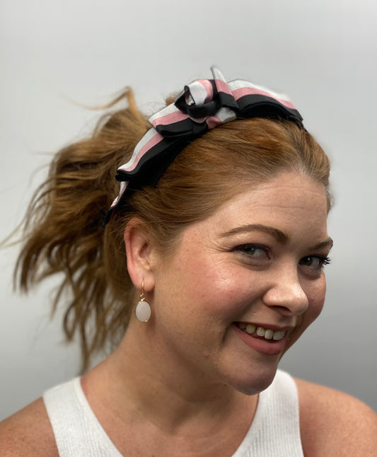 HATTIE  Pink Grey and Black Headband Grosgrain Ribbon Bows