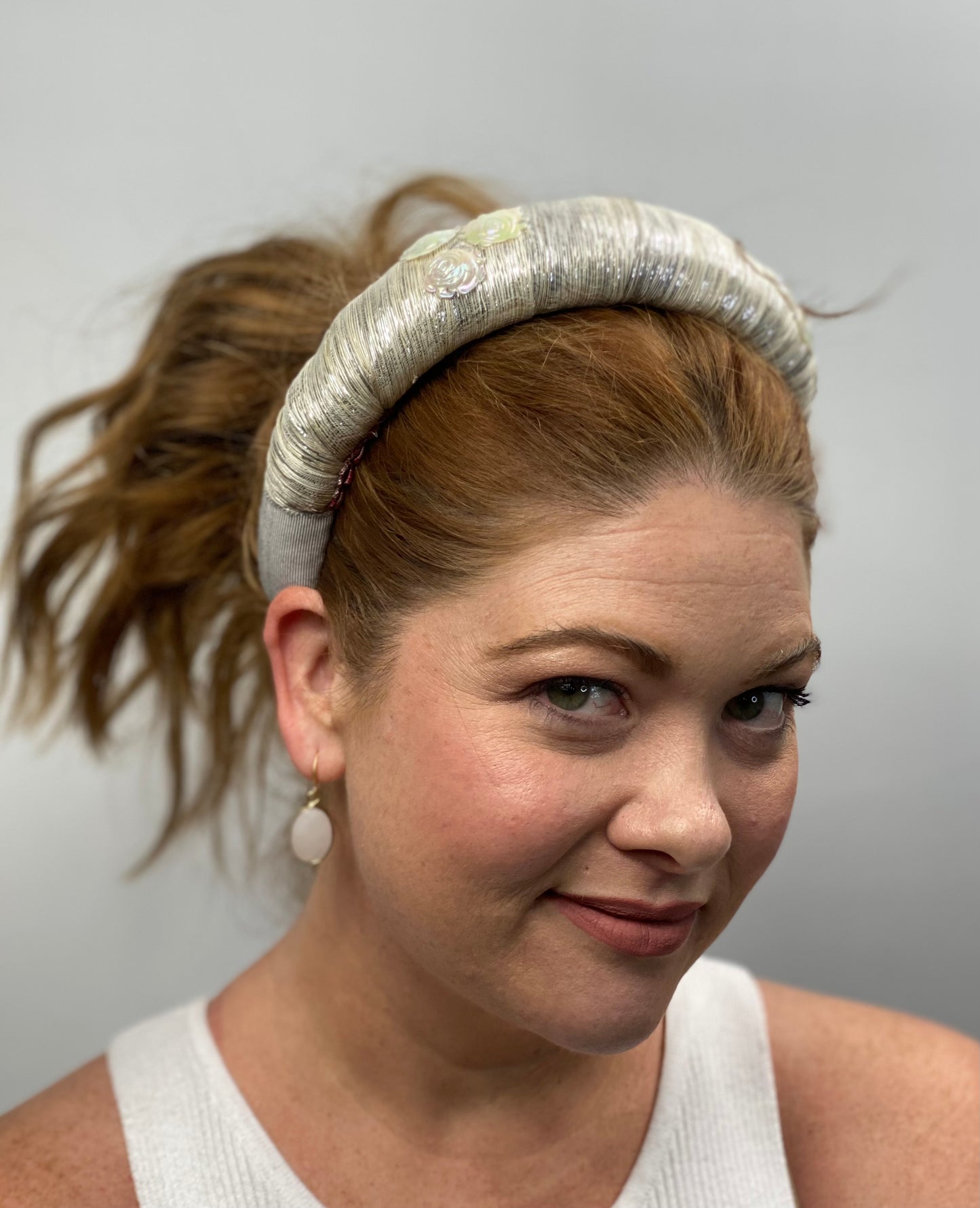 ELSIE White and Silver Padded Headband Vintage Sequins