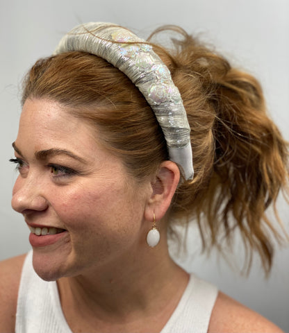 ELSIE White and Silver Padded Headband Vintage Sequins