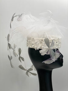 LEDA White Tulle Bridal Headpiece Fascinator Race Hat