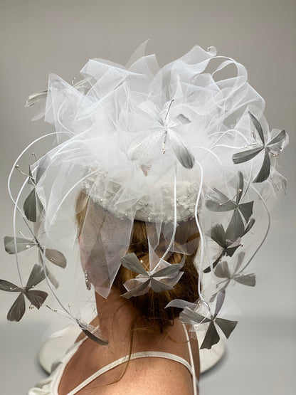 LEDA White Tulle Bridal Headpiece  Race Hat