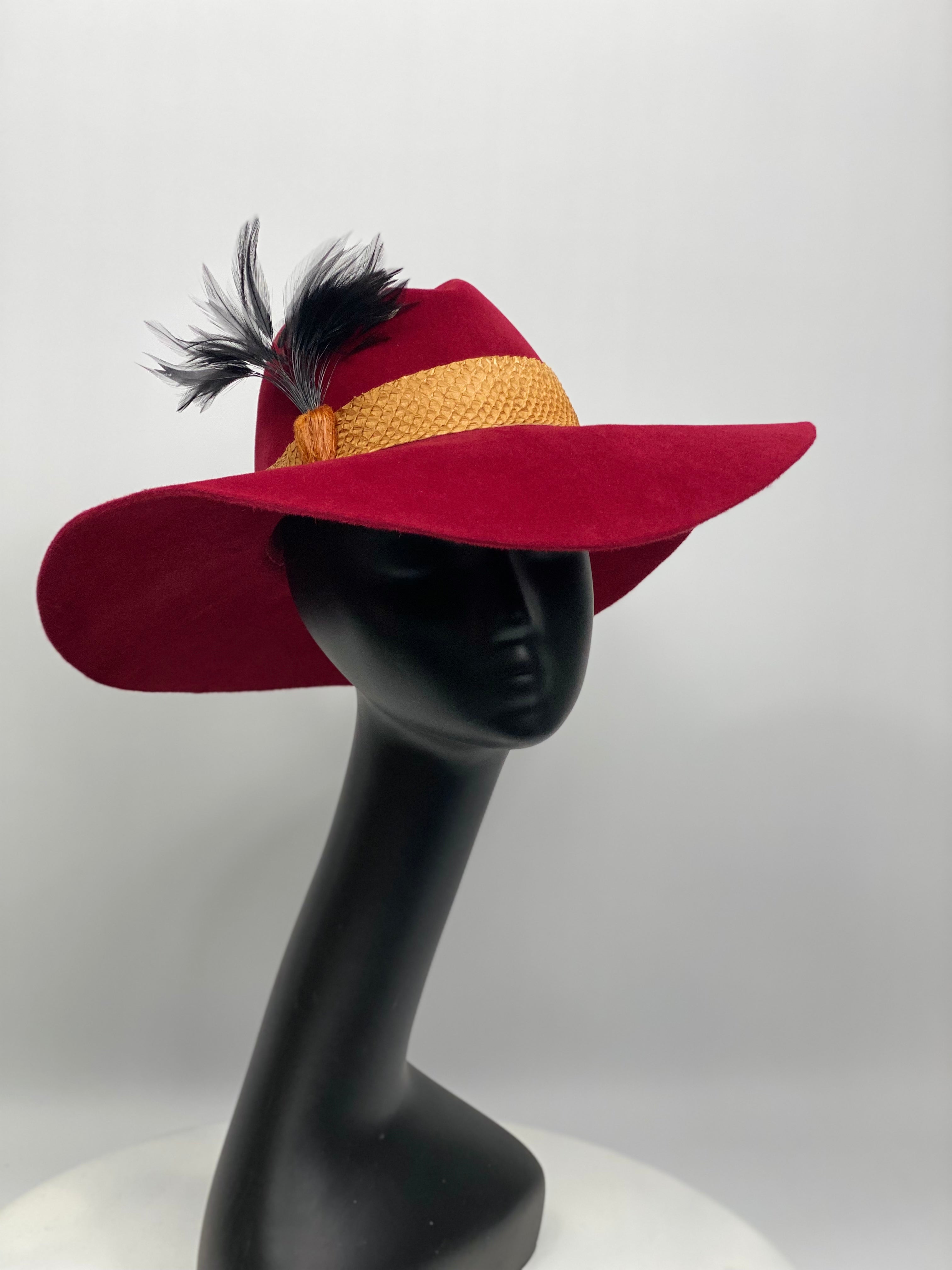 KOLBY Red Felt Fedora Wide Brim Hat