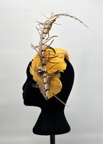 Load image into Gallery viewer, MAEVE  Mustard Feathers Race Day Hat Fascinator
