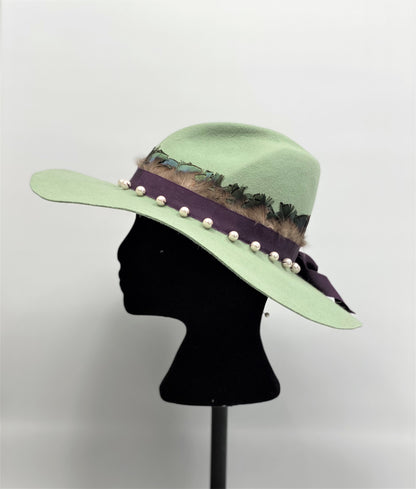 HOLLY  Pale Green Felt Fedora Hat Wide Brim Pearl Trim