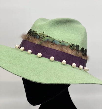HOLLY  Pale Green Felt Fedora Hat Wide Brim Pearl Trim