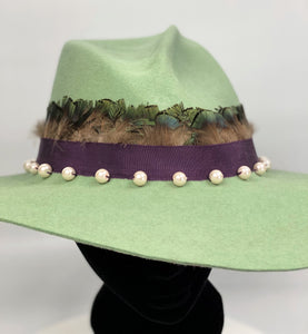 HOLLY  Pale Green Felt Fedora Hat Wide Brim Pearl Trim