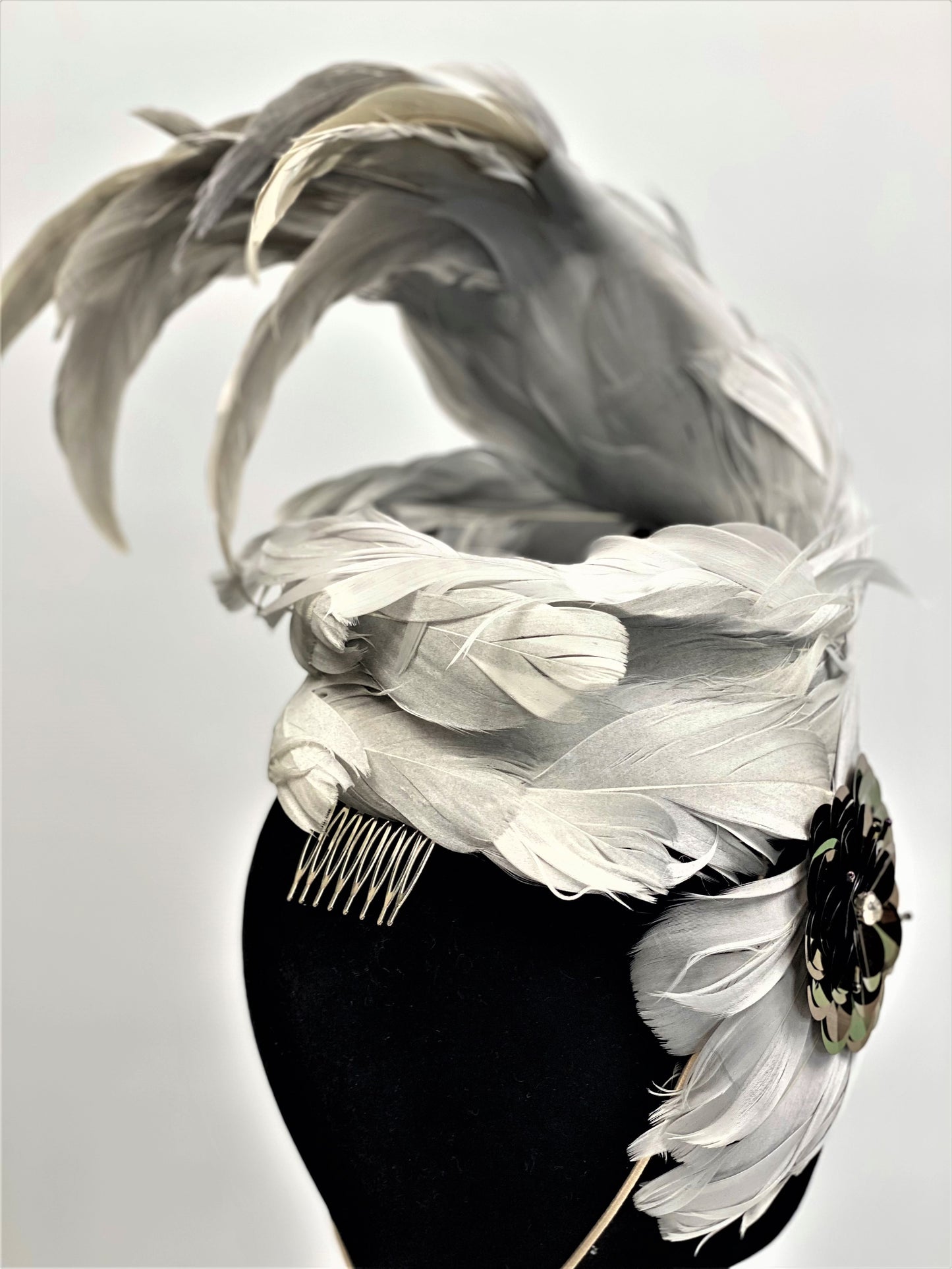 BERTHA  Silver/Grey Feather  Race Day Hat