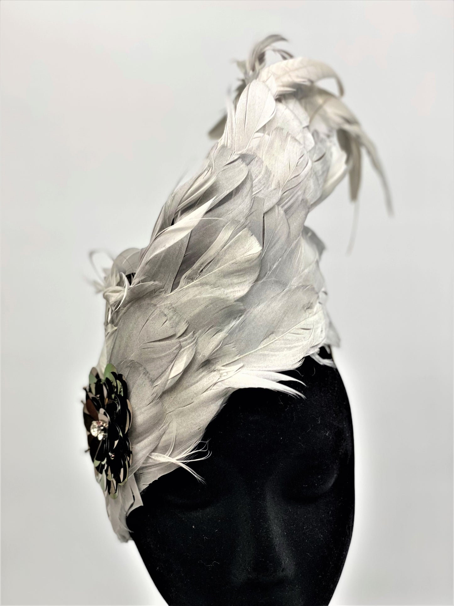 BERTHA  Silver/Grey Feather  Race Day Hat