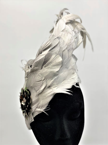 BERTHA  Silver/Grey Feather  Race Day Hat