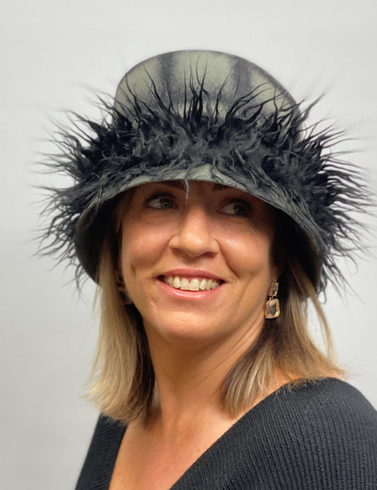 HUNTER Felt Cloche Hat Grey and Black Fur Trim