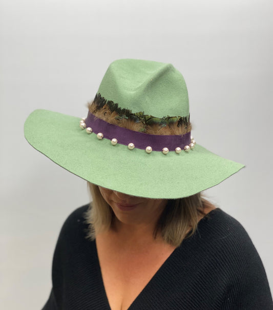 HOLLY  Pale Green Felt Fedora Hat Wide Brim Pearl Trim