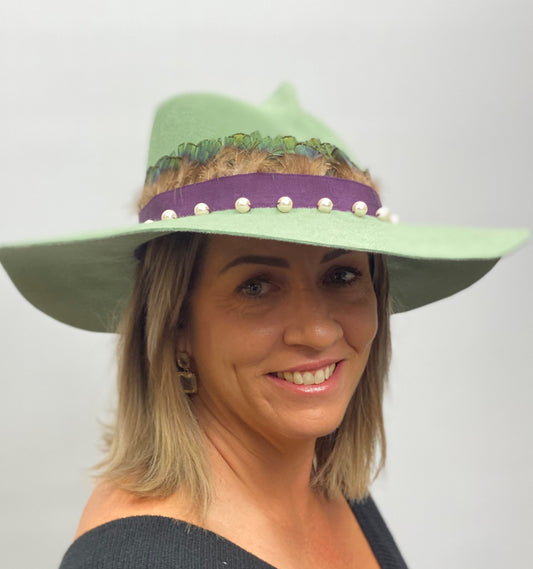 HOLLY  Pale Green Felt Fedora Hat Wide Brim Pearl Trim