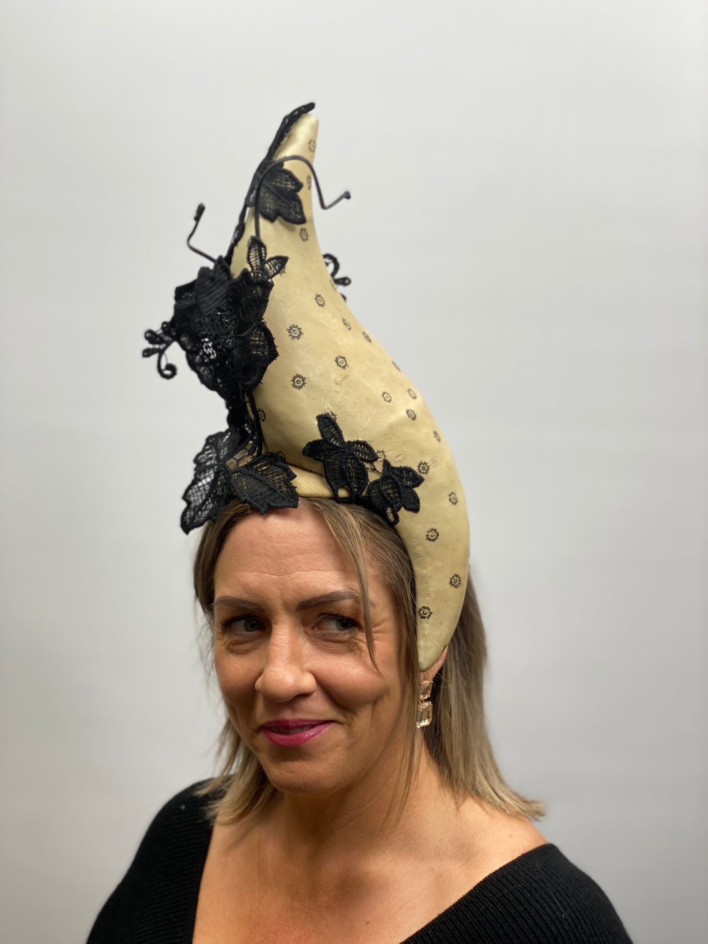 IRIS Sculptural Leather Headpiece Fascinator Race Hat Black Lace
