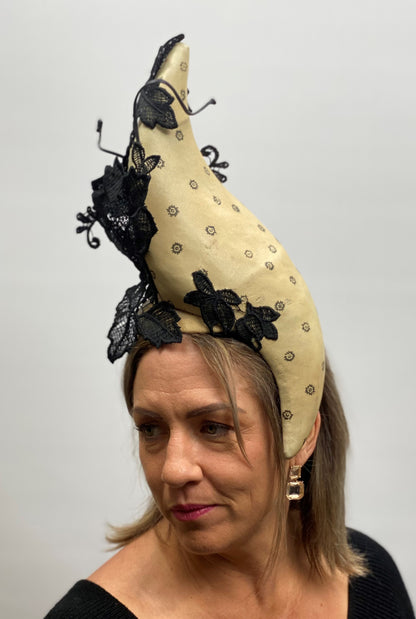 IRIS Sculptural Leather Headpiece Fascinator Race Hat Black Lace