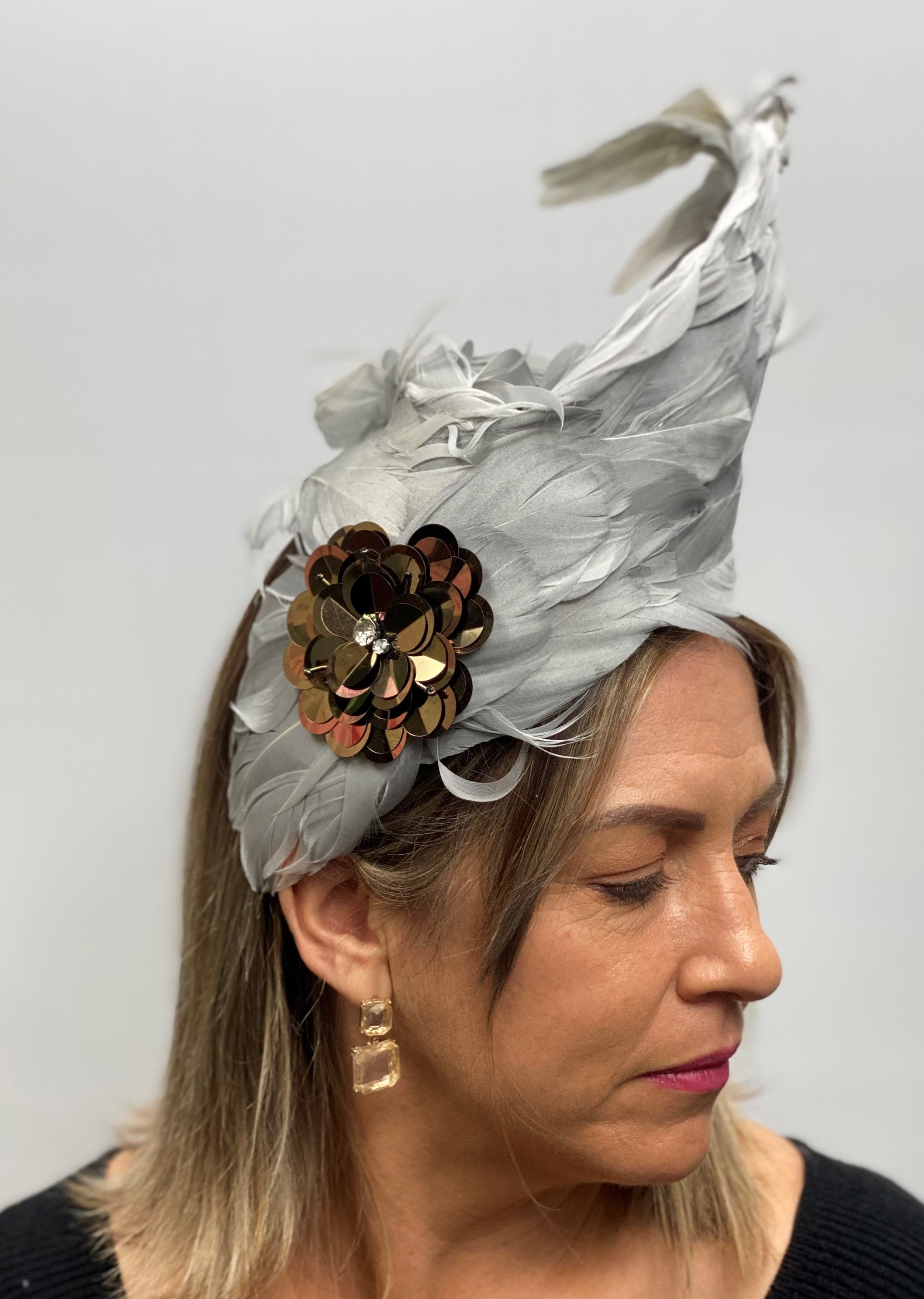 BERTHA  Silver/Grey Feather Fascinator Race Day Hat
