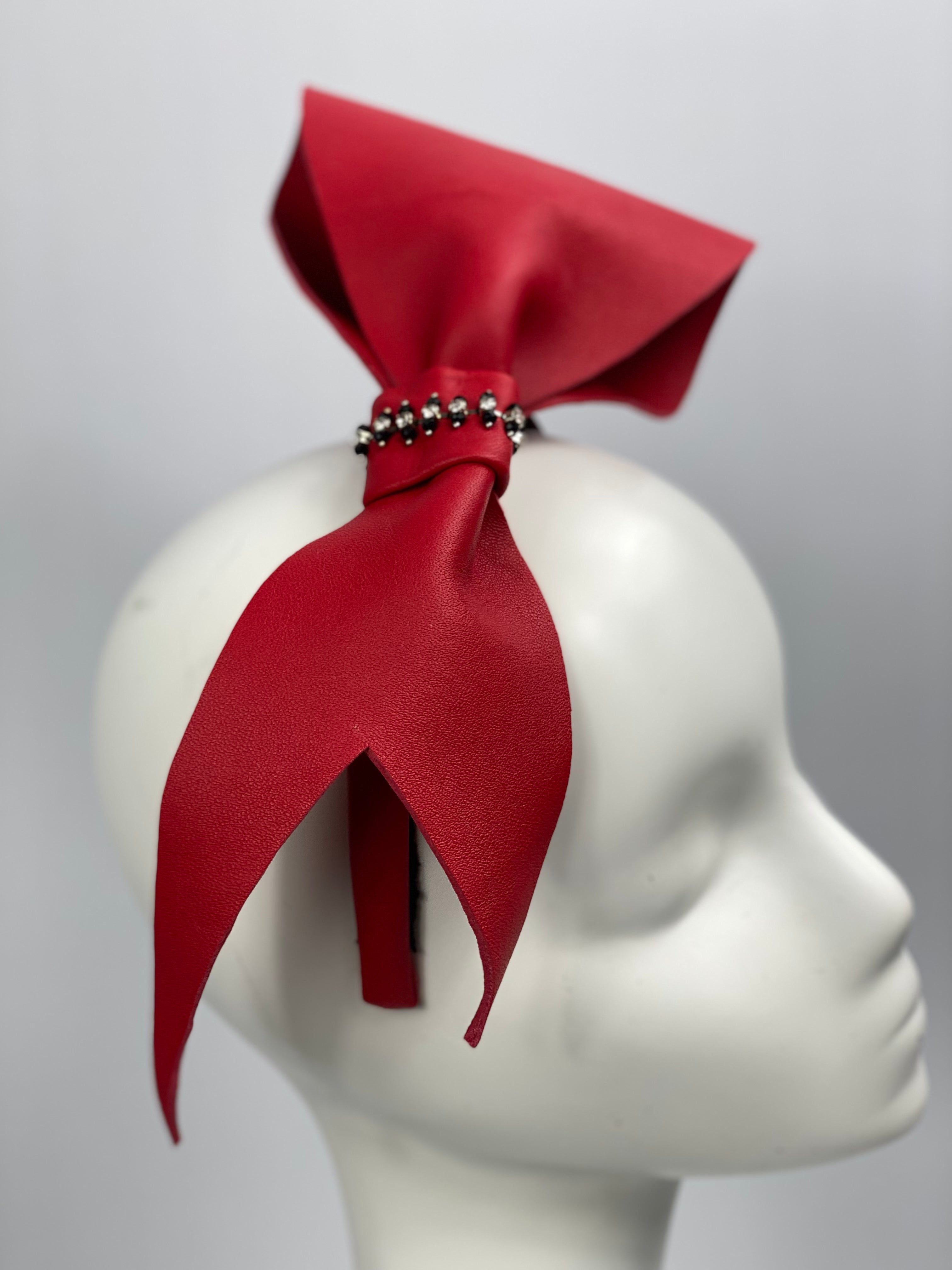 BELLA Large Red Leather Bow on Red Leather Headband Fascinator