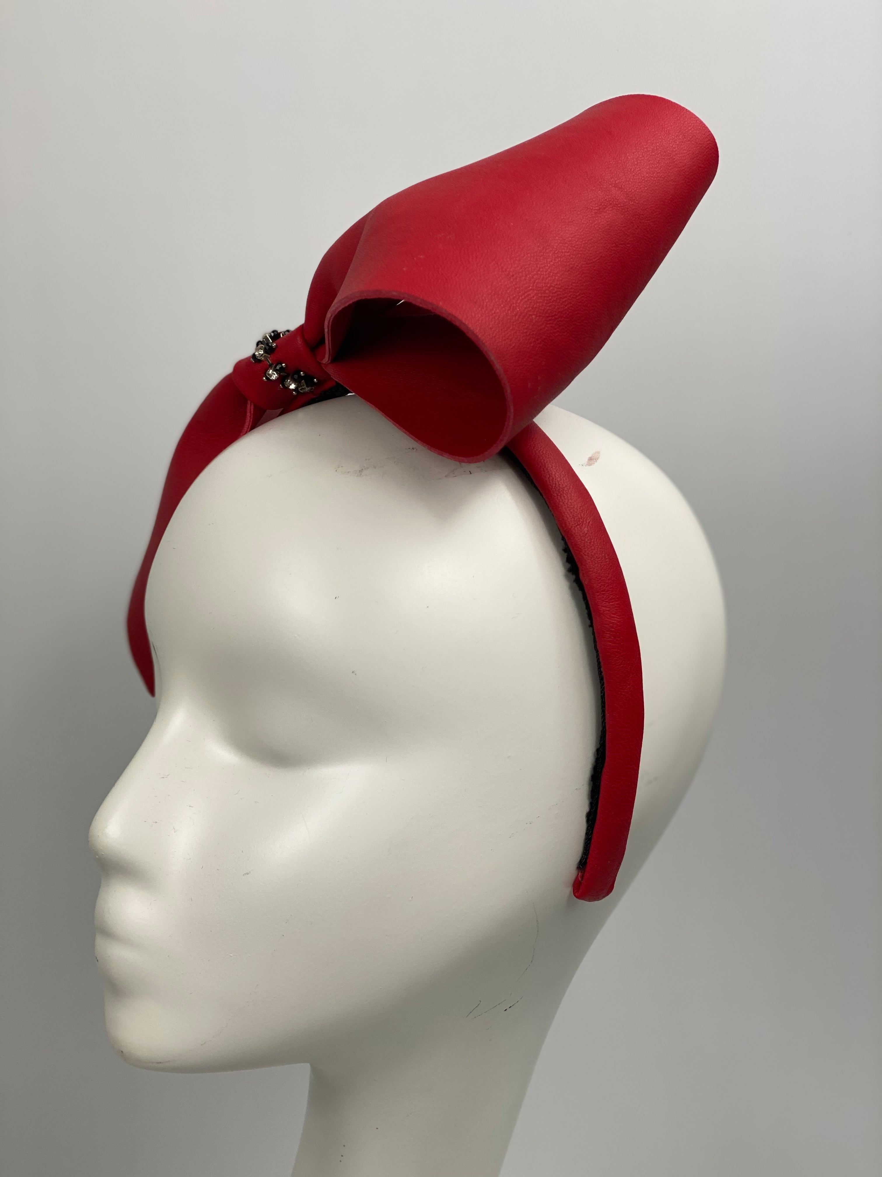 BELLA Large Red Leather Bow on Red Leather Headband Fascinator